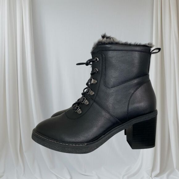 Shoes - Cloudwalkers Chunky Black Gray Faux Fur Lace Up Heeled Ankle Boots US 10 NWOB